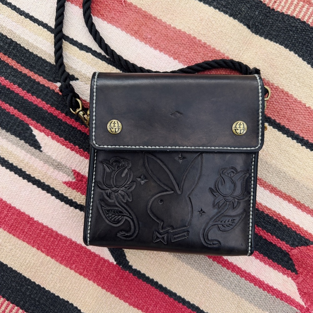 Handmade Black Tooled Leather Crossbody Bag